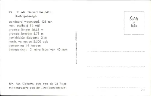 Ak Niederländisches Kriegsschiff, Hr. Ms. Gemert, M 841