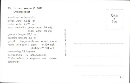 Ak Hr. Ms. Onderzeeboot Walrus S 802, Niederländisches U Boot, Unterseeboot