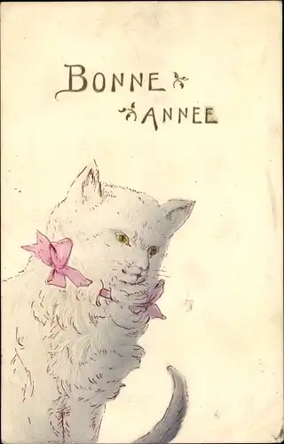Präge Ak Glückwunsch Neujahr, weiße Katze mit Schleife