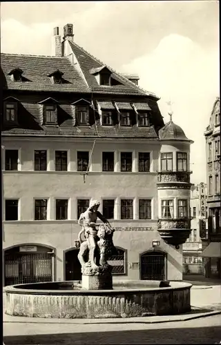 Ak Gera in Thüringen, Markt mit Simsonbrunnen und Apothekenerker