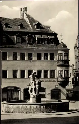 Ak Gera in Thüringen, Markt mit Samsonbrunnen und Apothekenerker