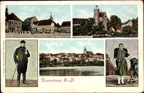 Ak Ronneburg in Thüringen, Baderteich und Schloss, Markt, Stadtkirche, Trachten