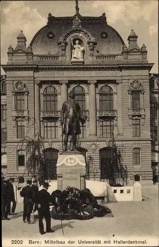 Ak Bern, Mittelbau der Universität mit Hallerdenkmal