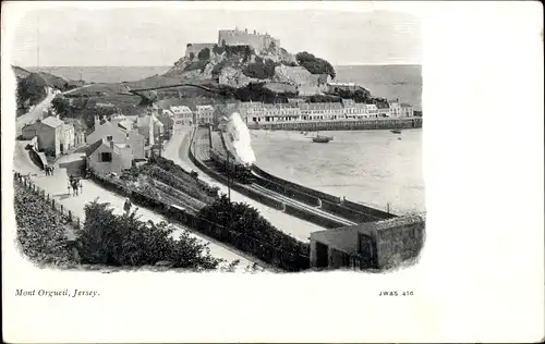 Ak Gorey Jersey Kanalinseln, Mont Orgueil Castle, Eisenbahnschienen, Dampflok