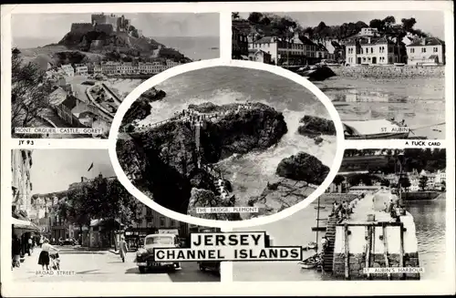 Ak Channel Island Jersey, Mont Orgueil Castle, St. Aubin, Plemont, Brücke, Hafen