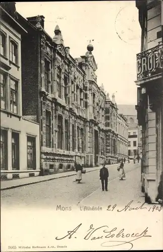 Ak Mons Wallonien Hennegau, L'Athénée, Straßenpartie in der Stadt