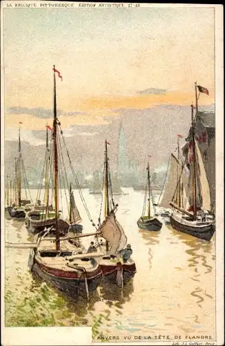 Künstler Litho Ranot, F., Antwerpen Anvers Flandern, Vue de la Tete de Flandre, Segelboote