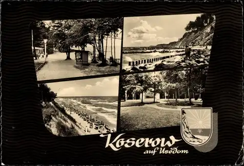 Ak Ostseebad Koserow auf Usedom, Strand, Wappen, Ortsansichten