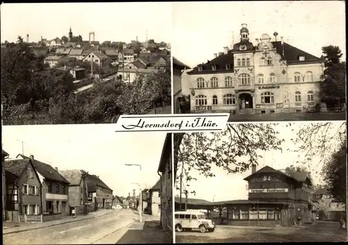 Ak Hermsdorf in Thüringen, Teilansicht, Bahnhof, Rathaus, Straßenpartie, Bus