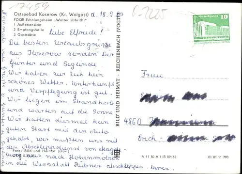 Ak Ostseebad Koserow auf Usedom, FDGB-Erholungsheim Walter Ulbricht, Außenansicht, Empfangshalle