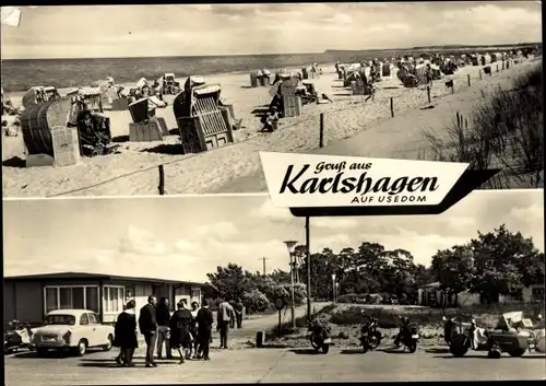Ak Karlshagen auf Usedom, Strand, Parkplatz, Motorräder