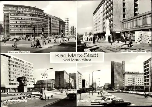 Ak Karl Marx Stadt Chemnitz, Karl-Marx-Allee, Centrum-Warenhaus, Karl-Marx-Monument, Interhotel