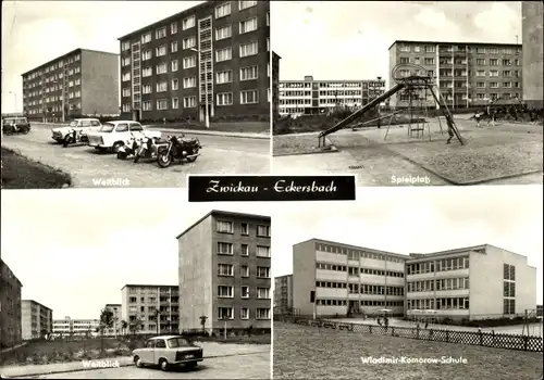 Ak Eckersbach Zwickau in Sachsen, Neubaugebiet, Spielplatz, Wlodimir-Komorow-Schule, Weitblick