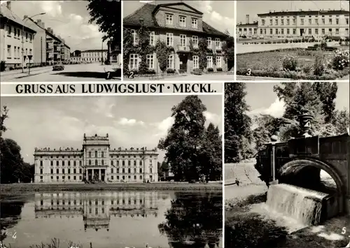 Ak Ludwigslust in Mecklenburg, John Brinckmann Straße, Rathaus, Bahnhof, Schloss, Steinerne Brücke