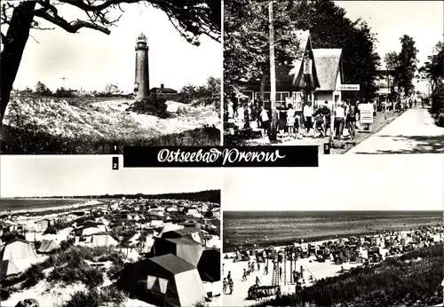 Ak Ostseebad Prerow auf dem Darß, Leuchtturm, Zeltplatz, Weg zum Strand