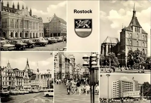 Ak Hansestadt Rostock, Rathaus, Kirche St. Marien, Interhotel Warnow, Kröpeliner Tor