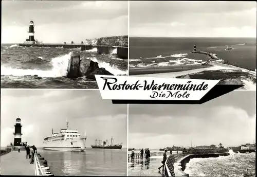 Ak Ostseebad Warnemünde Rostock, Mole, Wellengang, Schiff
