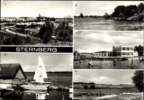 Ak Sternberg in Mecklenburg, Panorama, Luckower See, Bad und Konsum Strandgaststätte, Segelboot