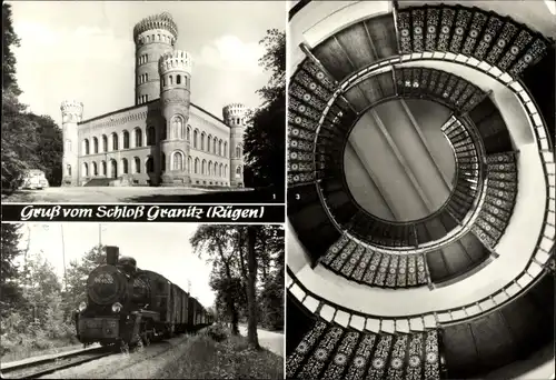 Ak Granitz Seebad Binz auf Rügen, Jagdschloss, Bäderbahn, Wendeltreppe im Aussichtsturm