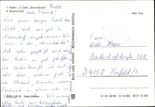 Ak Neuendorf Insel Hiddensee in der Ostsee, Hafen, Cafe Stranddistel, Strand-Cafe