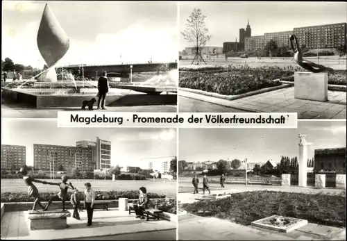 Ak Magdeburg an der Elbe, Promenade der Völkerfreundschaft, Brunnen, Statuen