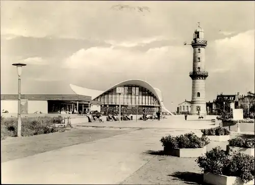 Ak Ostseebad Warnemünde Rostock, Strandpromenade, Leuchtturm, Konsum Gaststätte Teepott