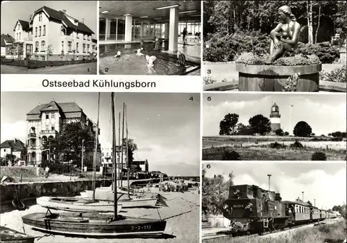 Ak Ostseebad Kühlungsborn, Haus der Jugend, Konzertgarten Ost, Leuchtturm Buk, Molli, Bahnhof Ost