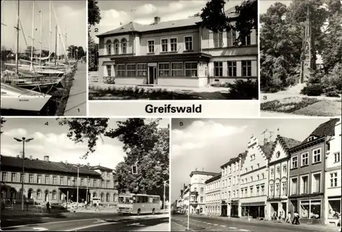 Ak Hansestadt Greifswald, Hafen Wieck, Haus d. DSF, Rubenow-Denkmal, Bahnhof, Platz d. Freundschaft