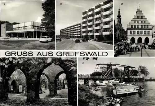 Ak Greifswald, HO Gaststätte Boddenhus, Rathaus, Klosterruine Eldena, Wiecker Brücke, Schönwalde