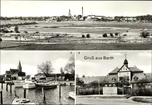 Ak Barth an der Ostsee, Panorama, Sowjetisches Ehrenmal, Hafen