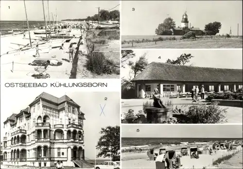 Ak Ostseebad Kühlungsborn, Strand, FDGB Erholungsheim Schloss am Meer, Leuchtturm, Konzertgarten