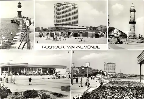 Ak Ostseebad Warnemünde Rostock, Interhotel Neptun, Teepott, Mole, Leuchtturm, Strandpromenade