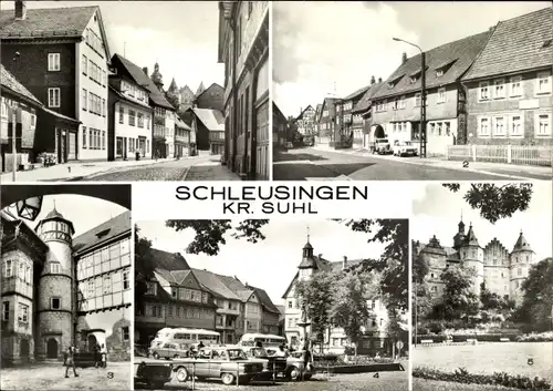 Ak Schleusingen Thüringen, Bahnhofstraße, Schlossstraße, Schloss Bertholdsburg, Burghof, Marktplatz