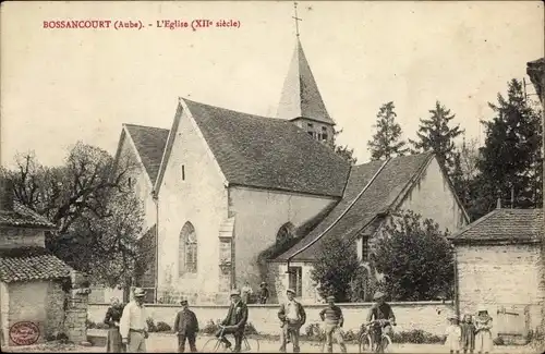 Ak Bossancourt Aube, Kirche, Männer mit Fahrrädern