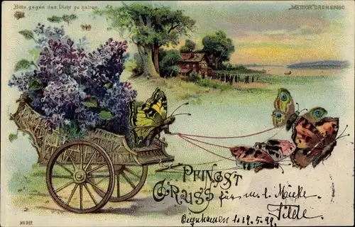 Halt gegen das Licht Litho Glückwunsch Pfingsten, Schmetterlinge, Kutsche, Flieder