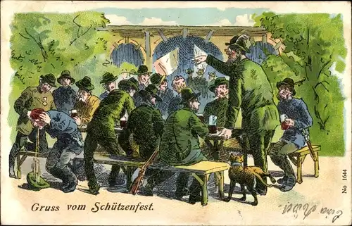 Litho Gruß vom Schützenfest, Mann übergibt sich, Stempel Schützenfest Hildburghausen