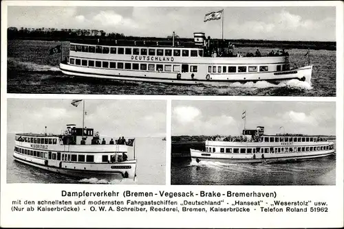 Ak Dampferverkehr Otto W. A. Schreiber, Bremen, Schiffe Deutschland, Hanseat, Weserstolz