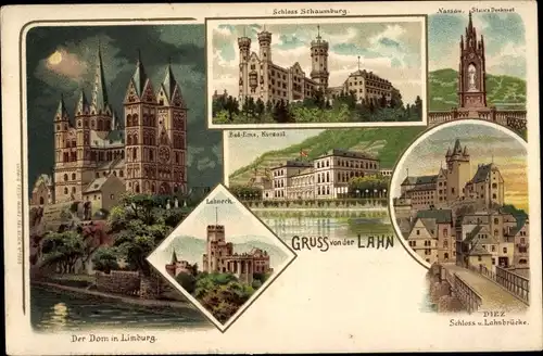 Mondschein Litho Limburg an der Lahn Hessen, Dom, Schlösser, Lahnbrücke, Kursaal