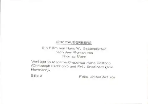 Foto Filmszene Der Zauberberg, D / F / I 1982, Hans W. Geißendörfer, Chr. Eichhorn, Irm Hermann