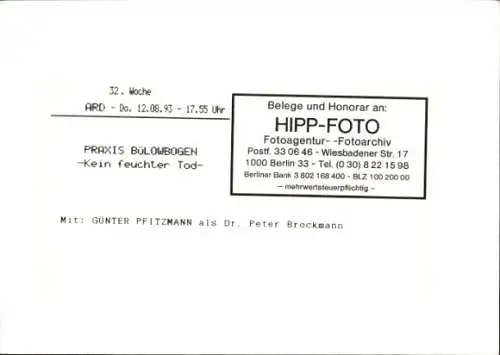 Foto Filmszene Praxis Bülowbogen - Kein feuchter Tod, D 1991, Günter Pfitzmann