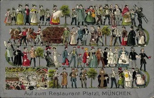 Präge Litho München Bayern, Auf zum Restaurant Platz'l, Schornsteinfeger, Kindl, Trachten