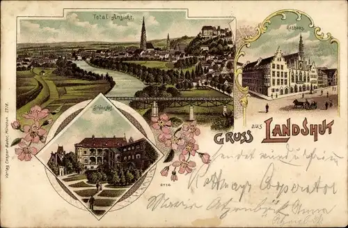 Litho Landshut in Niederbayern, Panorama, Rathaus, Schlosshof