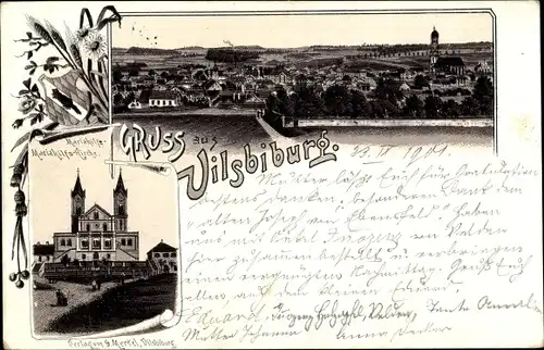 Litho Vilsbiburg in Niederbayern, Gesamtansicht, Mariahilfskirche