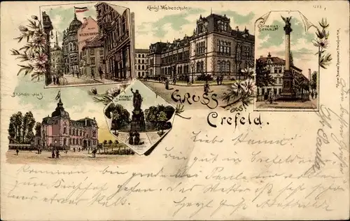 Litho Krefeld am Niederrhein, Ständehaus, Königliche Webeschule, Hotel zum Wilden Mann