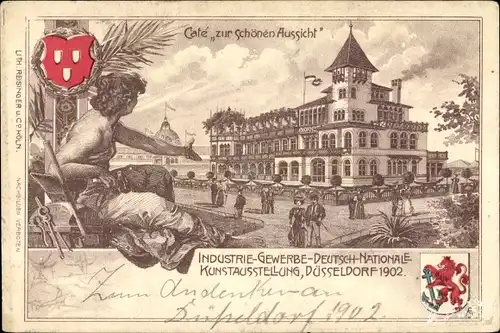 Litho Düsseldorf am Rhein, Industrie- u. Gewerbe Ausstellung 1902, Cafe zur Schönen Aussicht