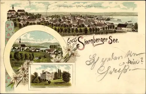 Litho Starnberg in Oberbayern, Gesamtansicht von der Villa Prinz Karl aus, Schloss Berg