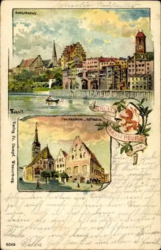 Künstler Litho Wasserburg am Inn Oberbayern, Frauenkirche, Rathaus, Burg