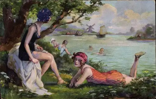 Künstler Ak Mühlberg, G., Menschen am Seeufer, Bademode, Badeanzug, Segelboot