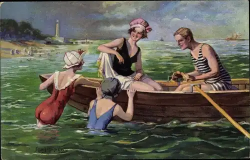 Künstler Ak Mühlberg, G., Liebespaar im Ruderboot, Bademode, Badeanzug