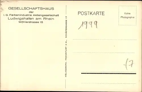 Ak Ludwigshafen am Rhein, Gesellschaftshaus der JG Farbenindustrie AG, Wöhlerstraße 15